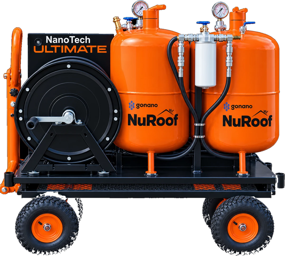 NanoTech Ultimate 3 in 1 on the heavy-duty cart: two orange pressure tanks, inline filter and removable hose reel on a black steel chassis with pneumatic tires and a tow handle.