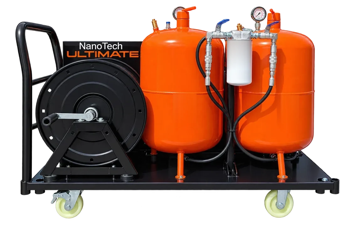The applicator on braked dolly wheels: two orange pressure tanks, inline filter and removable reel on a low black base plate with locking casters.