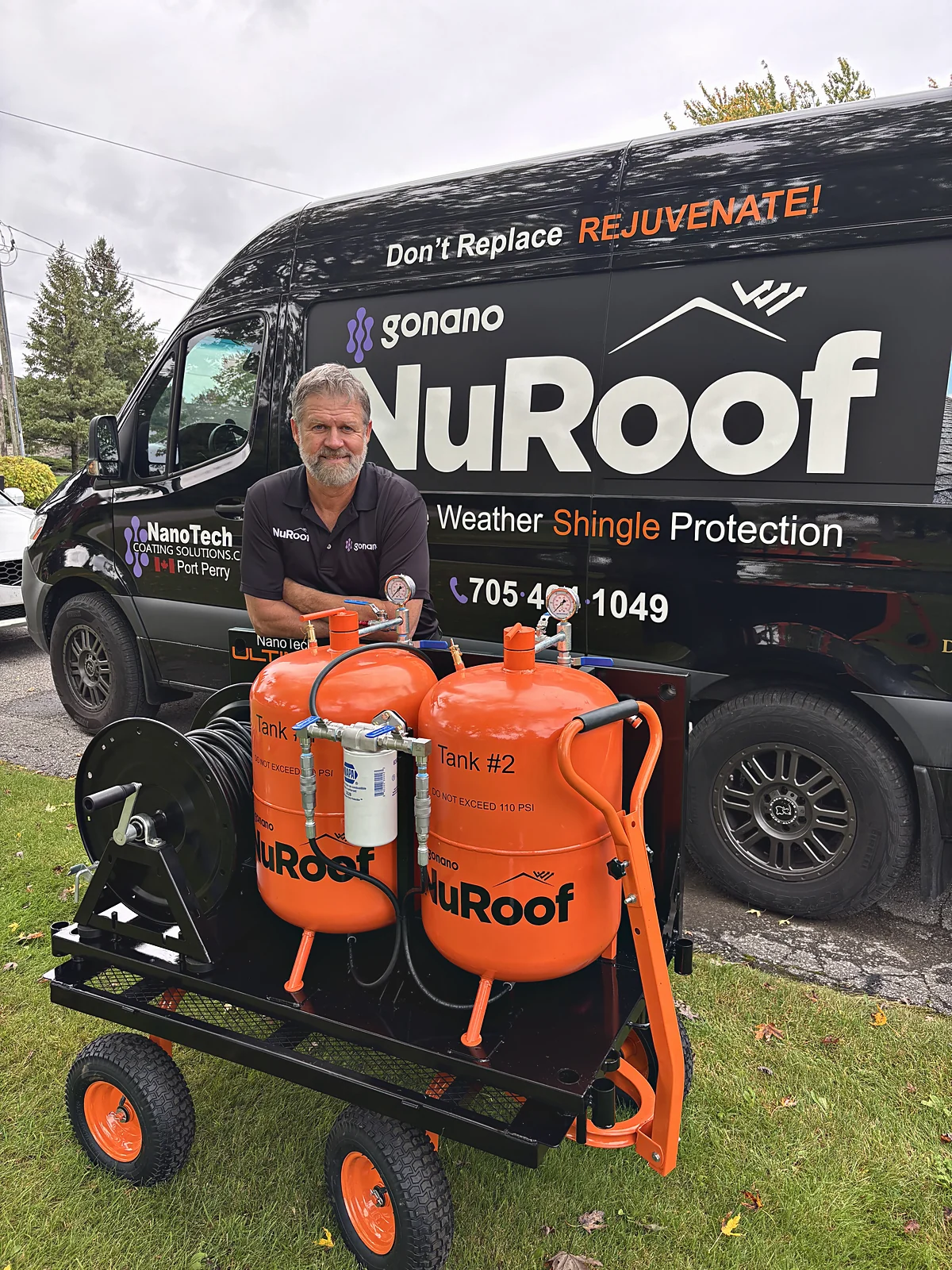 Steve standing behind the finished Ultimate 3 in 1 on its HD cart, in front of the NuRoof Sprinter van.