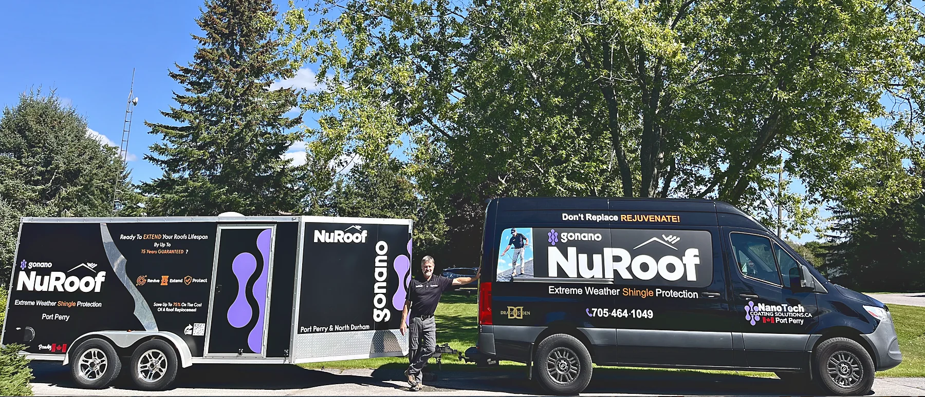The NuRoof-branded Sprinter van and matching enclosed trailer parked side by side.