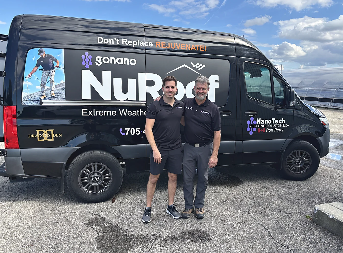 Steve and a colleague standing in front of the NuRoof-branded Sprinter van.
