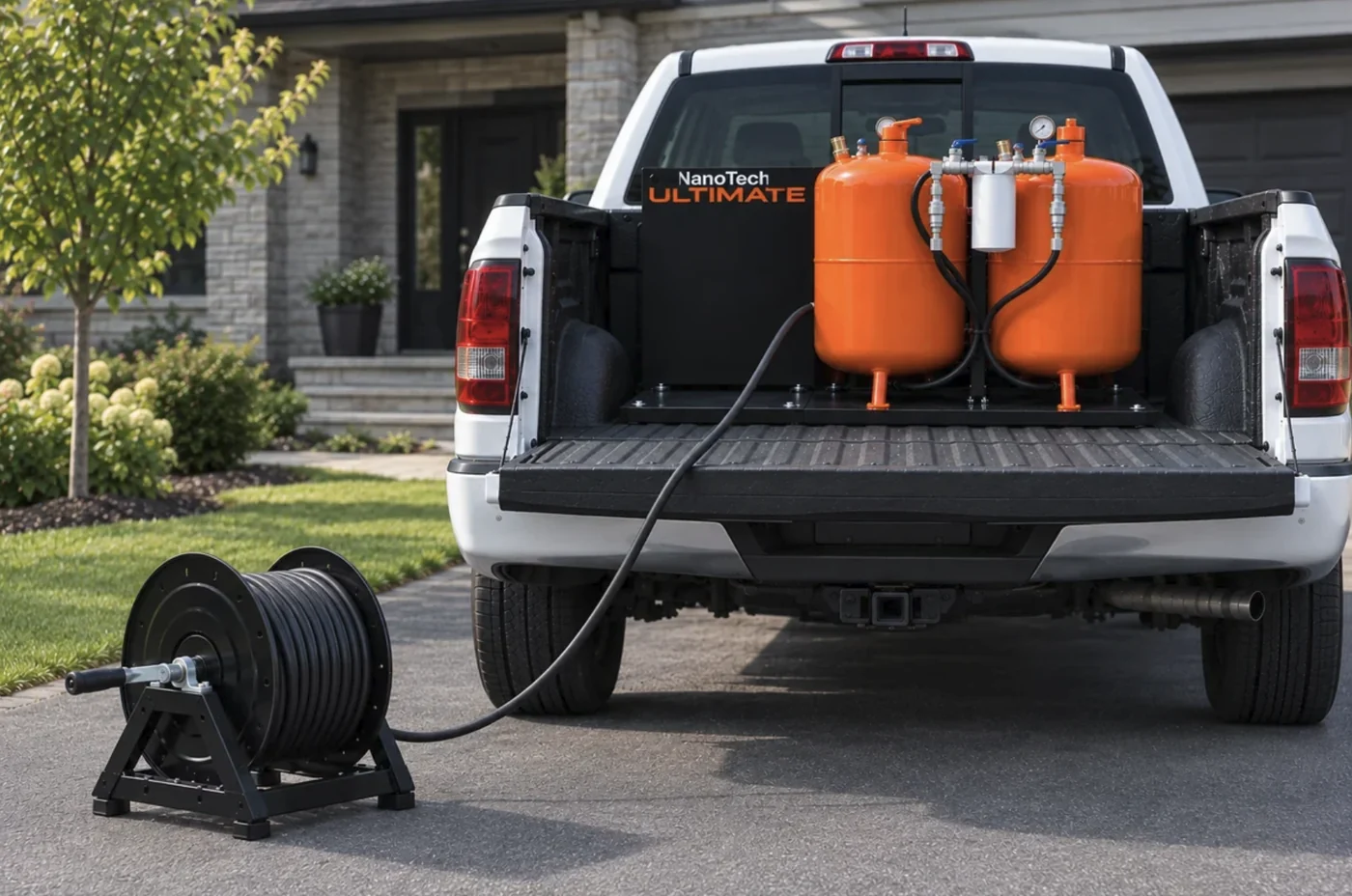 The Ultimate 3 in 1 mounted in a white pickup bed with the tailgate down, the removable reel lifted out and standing on the driveway, hose running back to the tanks.