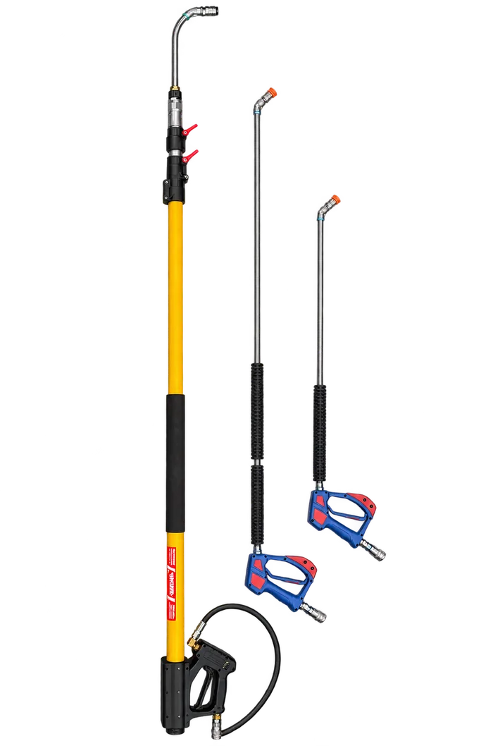 Two blue-and-red trigger spray guns with steel wands, and one yellow telescoping extension gun.