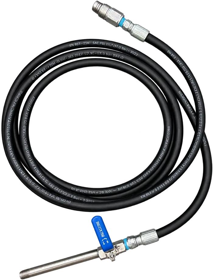 Coiled black hose with a stainless quick connect at one end and a blue-handled ball valve at the other.
