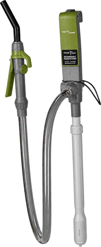 A rechargeable 12-volt transfer pump with a green body, clear intake tube and a trigger nozzle on a flexible hose.