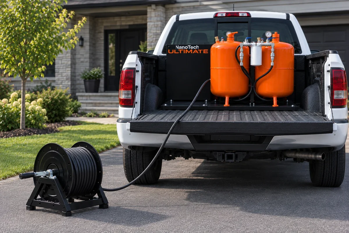 The system mounted in a white pickup bed with the removable reel lifted out and standing on the driveway, hose running back to the tanks.