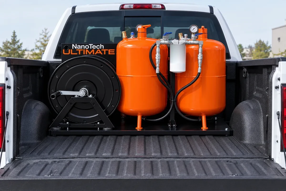 The applicator base plate mounted flat in the bed of a pickup truck, tailgate down, tanks and reel secured.